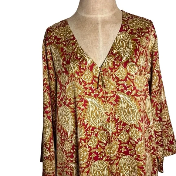 Natori Georgette Zip Front Caftan Kimono Red Gold Paisley Comfort — Large - Picture 9 of 12